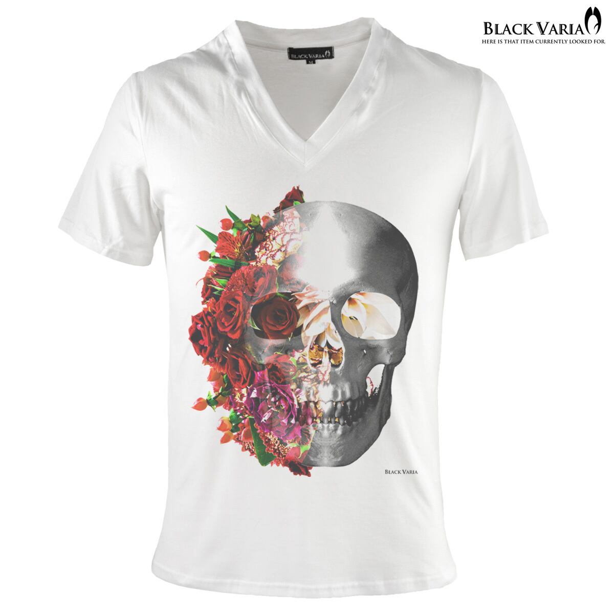 BLVCKブランドの黒いTシャツ。頭蓋骨、蛇、赤いバラのプリント入り 