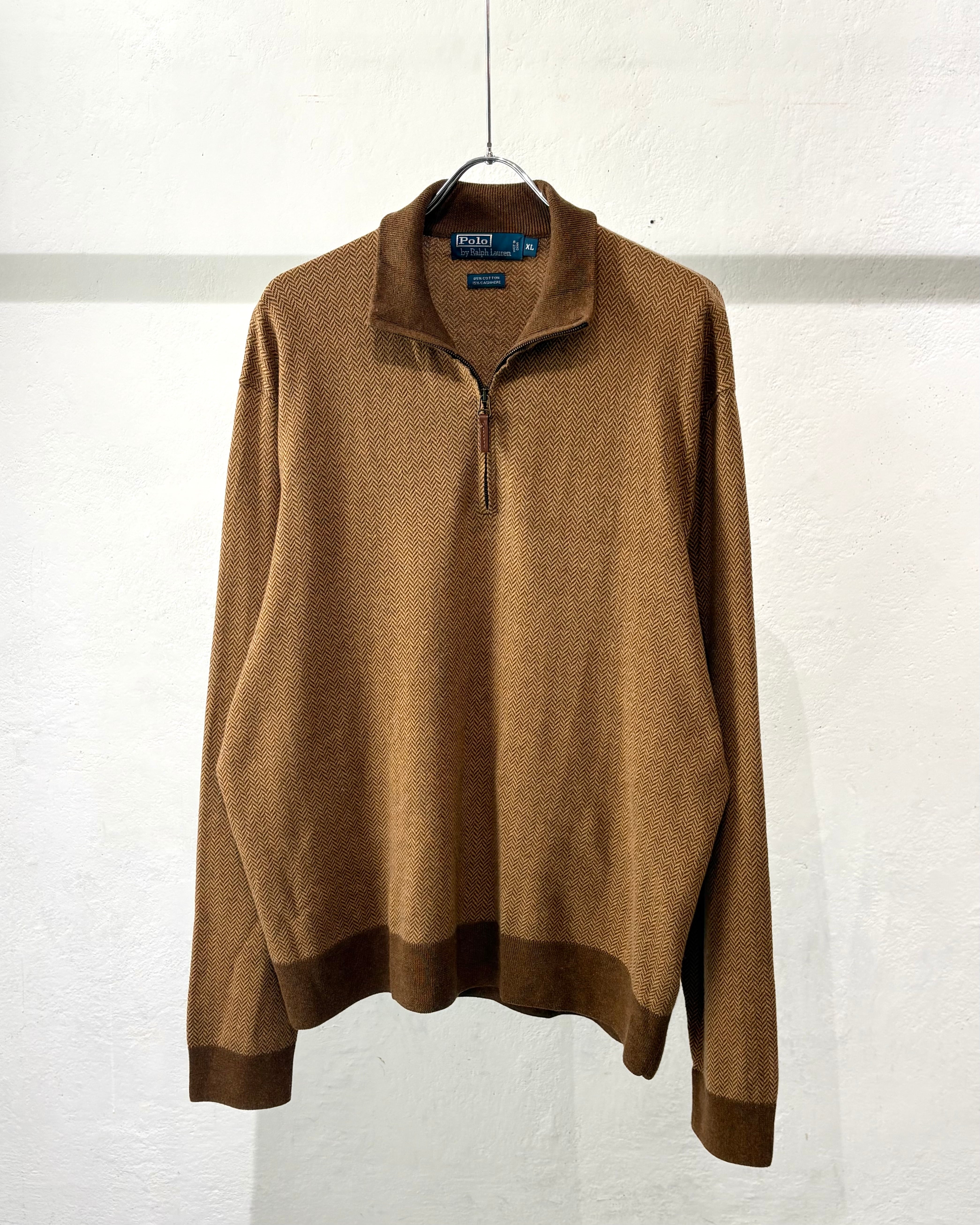 90s Ralph Lauren Herringbone Pattern Cotton×Cashmere Half-Zip Knit