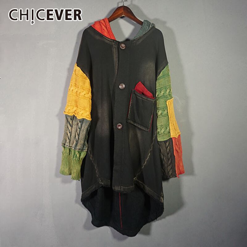 CHICEVERパッチワークコートレディースフード付き長袖ヒットカラーヴィンテージニットデニムコート秋 ロング オータム 秋物 ビンテージ 6base594155044269