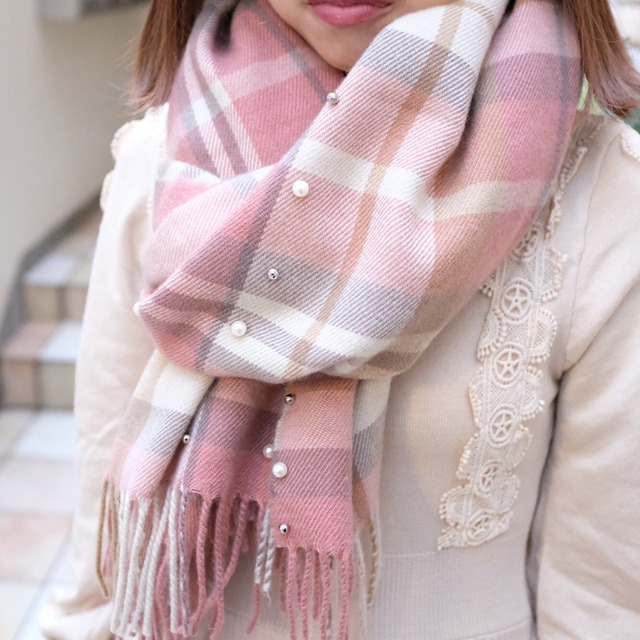大判ストール ピンクチェック パール付 Choa