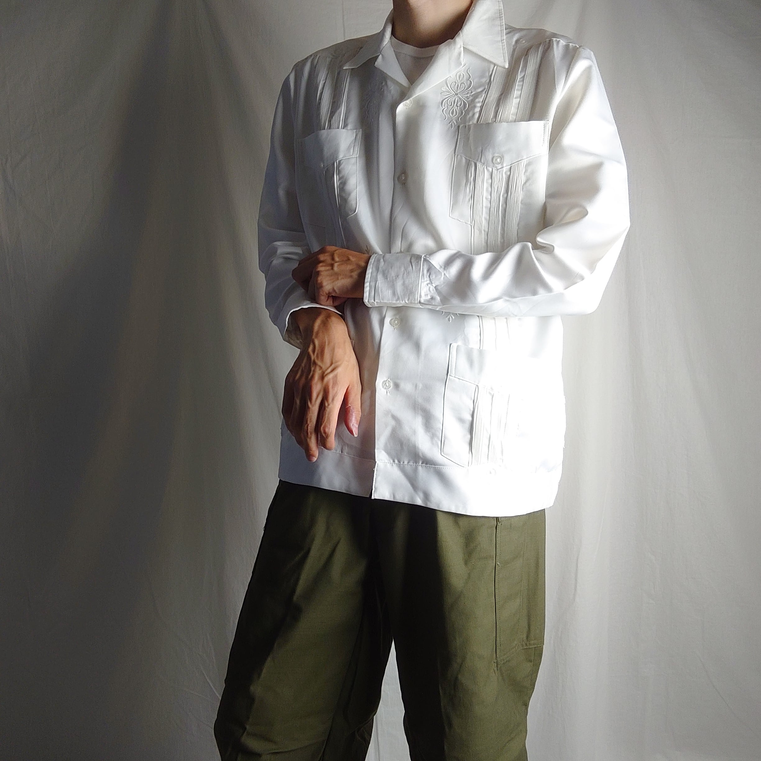 サテン】cuba shirt キューバシャツ ホワイト 開襟シャツ 刺繍 サテン】cuba shirt キューバシャツ ホワイト 開襟シャツ 刺繍