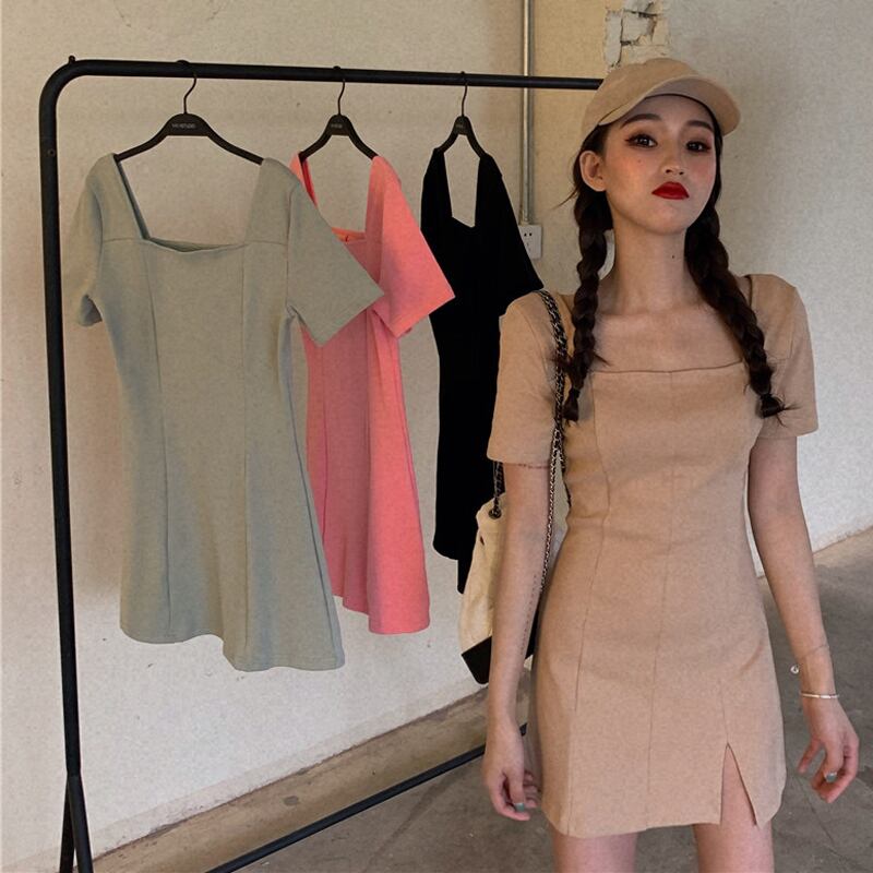 2020年秋冬新ウエスト薄気質スプリットAラインショートスカートレトロ半袖スクエアカラーワンピース女性 YY-ファッション59606457741