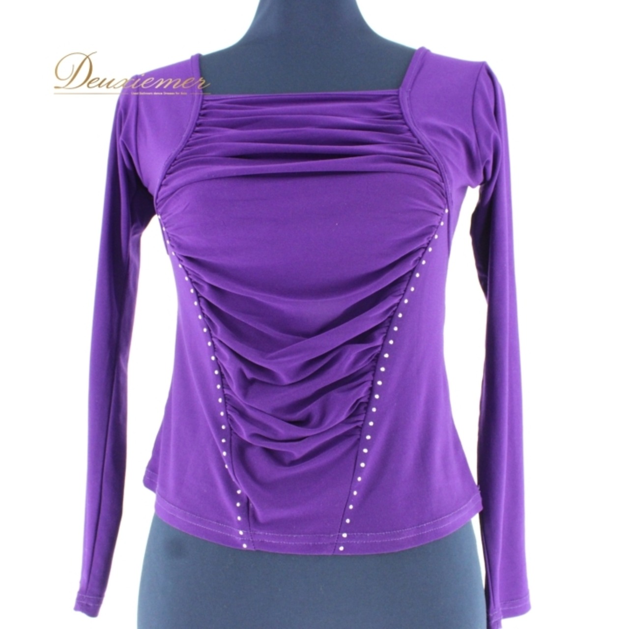 社交ダンス 衣装 スタンダード トップス レッスンウェア レディース オールシーズン Create-Sun クリエイトサン 紫 パープル系 長袖 ルームウェア ダンスウェア 軽量 伸縮性 宴会 パーティー 演出 舞台映え ラインストーン付き ストレッチ カジュアル ジャズダンス フィットネス 販売 中古用品 レディーストップス 秋冬 春夏