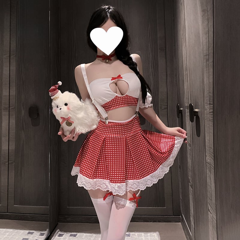 〔メイド〕ギンガムチェック×リボンアクセント ガーリーメイド風コスチュームセット