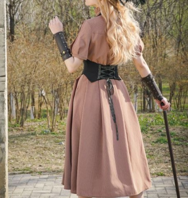 ワンピース 春夏 スチームパンク Steampunk ロング丈 ボタン フレア ミモレ丈 半袖 ハイネック ピンク かわいい エレガント 大きいサイズ サイズ豊富 撮影 イベント ロリィタ Lolita ゴスロリ ロリータファッション Loli5027 Luxury