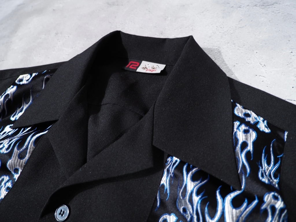 Skull × Flame pattern Satin switching vintage loose Open callar SS shirt
