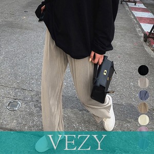 プリーツパンツ セルフカットワイドパンツ ハイウエスト ストレートパンツ 体型カバーイージーパンツ 着やせ ロングパンツ ウエストゴム ボトムス 無地 ボトムス VEZY ベジー ItemNo.【13820598】
