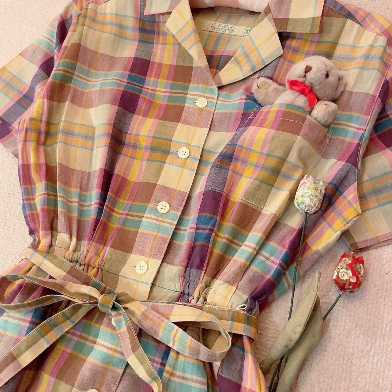 yellow pink check open collar one-piece