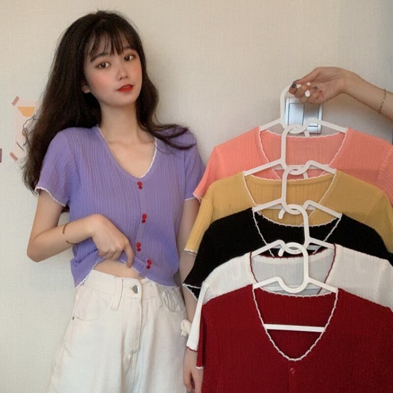 クロップトップ トップス サマーVネックスリムニットカーディガンTシャツ 夏物 1号婦人81563506788