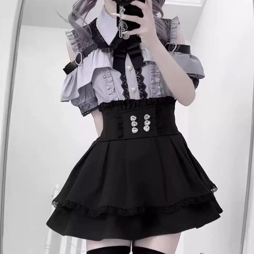 ゆめかわ♡全３カラー　半袖オフショルトップス＆ミニスカート　set64★