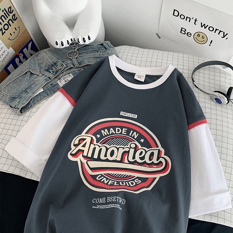 韓国メンズファッション E メンズ 半袖 Tシャツ ロゴ 重ね着風 レトロ オシャレ ユニセックス Eaglerose イーグルローズ 韓国メンズファッション通販サイト