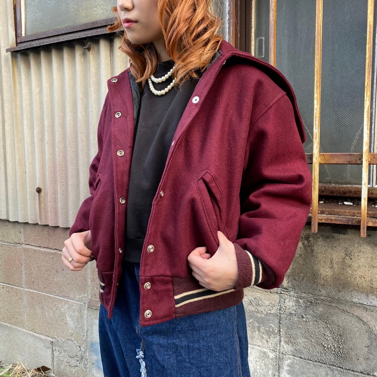 90年代 USA製 RIPON ATHLETIC セーラーカラー 無地 ウールスタジャン 