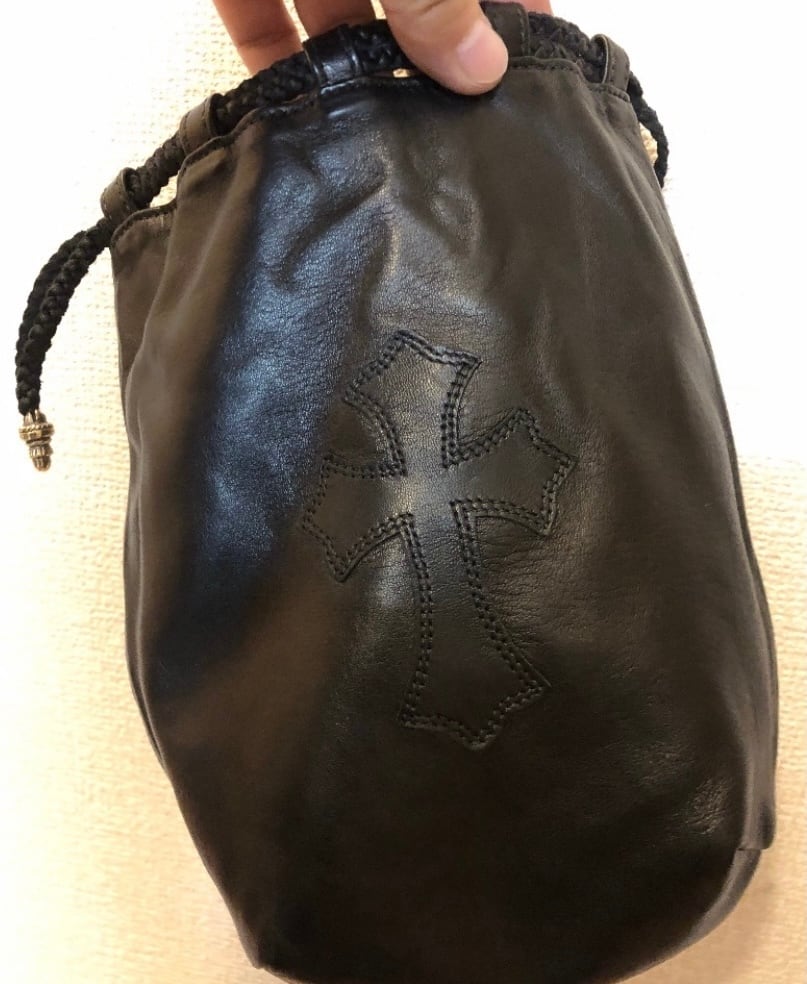 CHROME HEARTS クロムハーツ DRW STRNG SACK CRS PATCH クロスパッチドローストリングサックレザー巾着ハンドバッグ ブラック