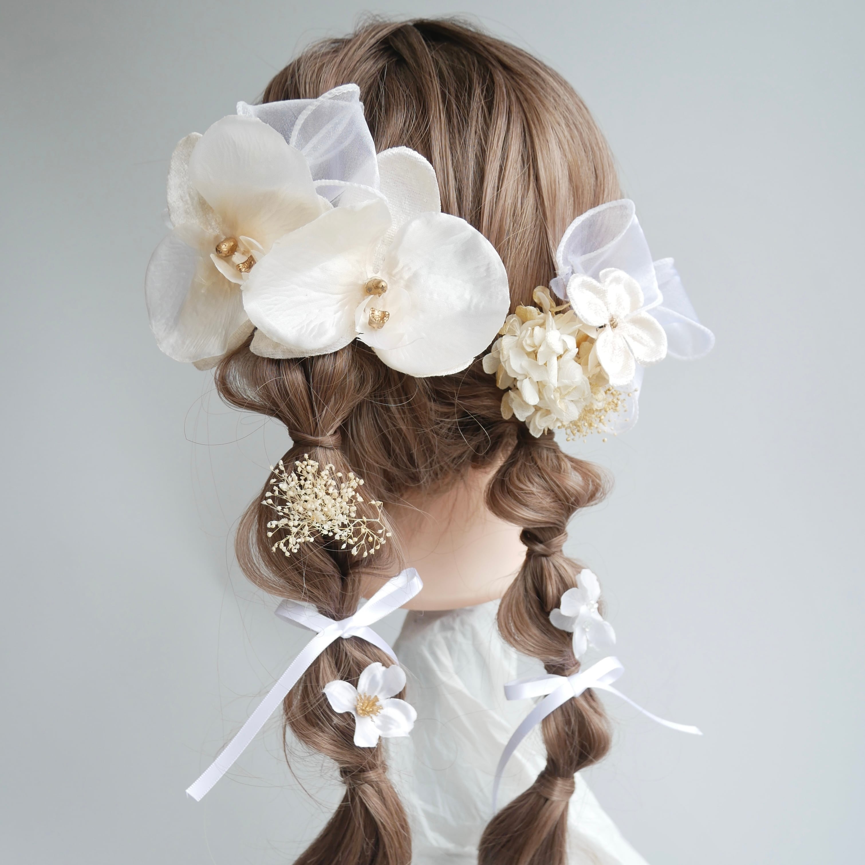 A277 胡蝶蘭 髪飾り ドライフラワー 白 ゴールド 成人式 振袖 結婚式 卒業式