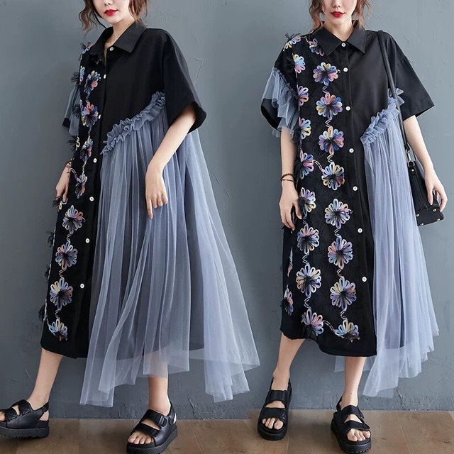 MESH FLAP FLOWER MOTIF ASYMMETRIC DESIGN MIDI SHIRT DRESS 1color M-16896