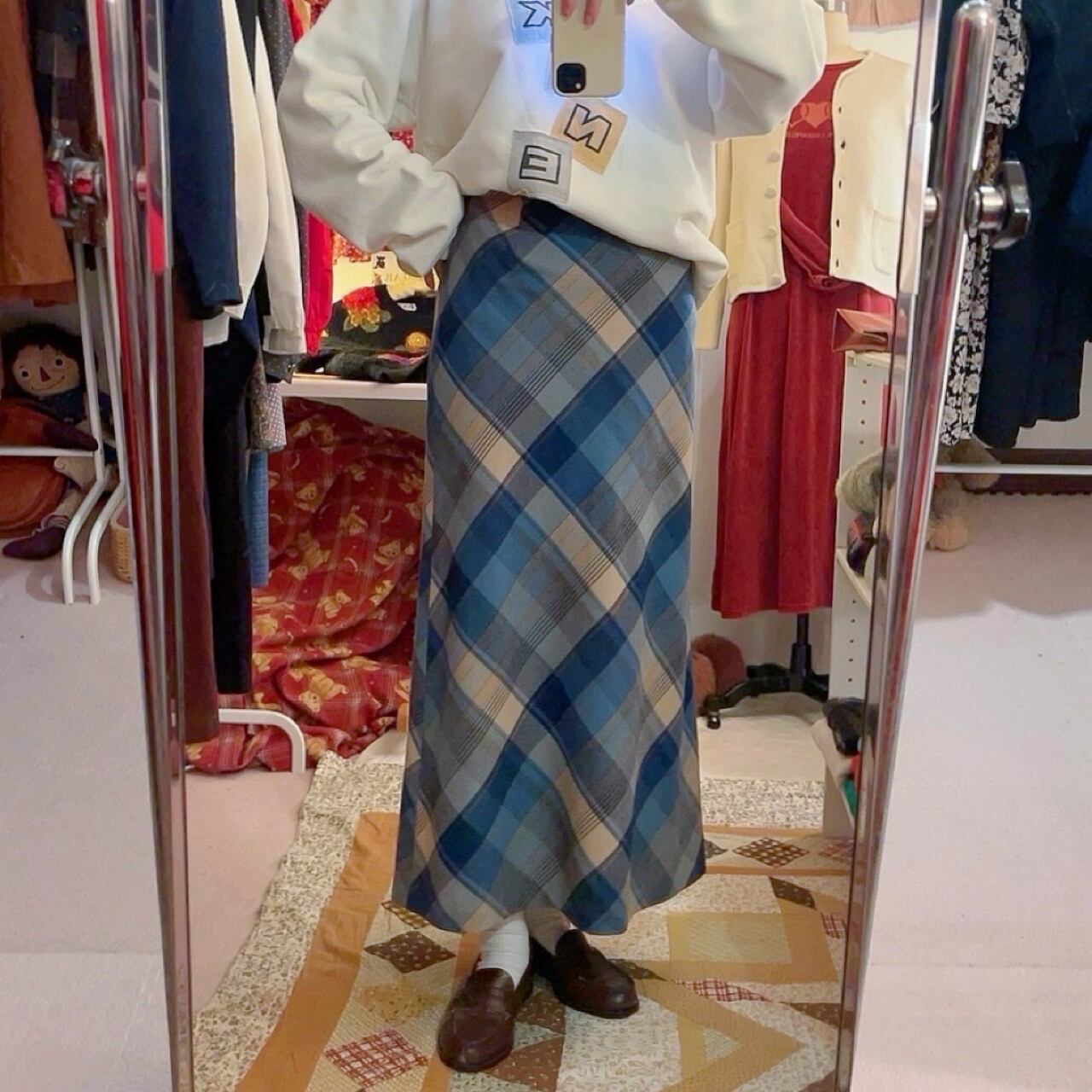 ketty / blue check wool long skirt