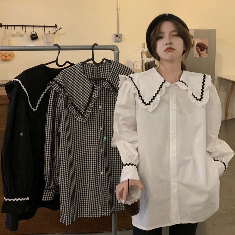 スプリングカラー格子柄シャツ ソリッド ルーズレディース ロング 大人ガーリー スウィート キュート カジュアル 春物 ソリッドカラー 試着室1573918605