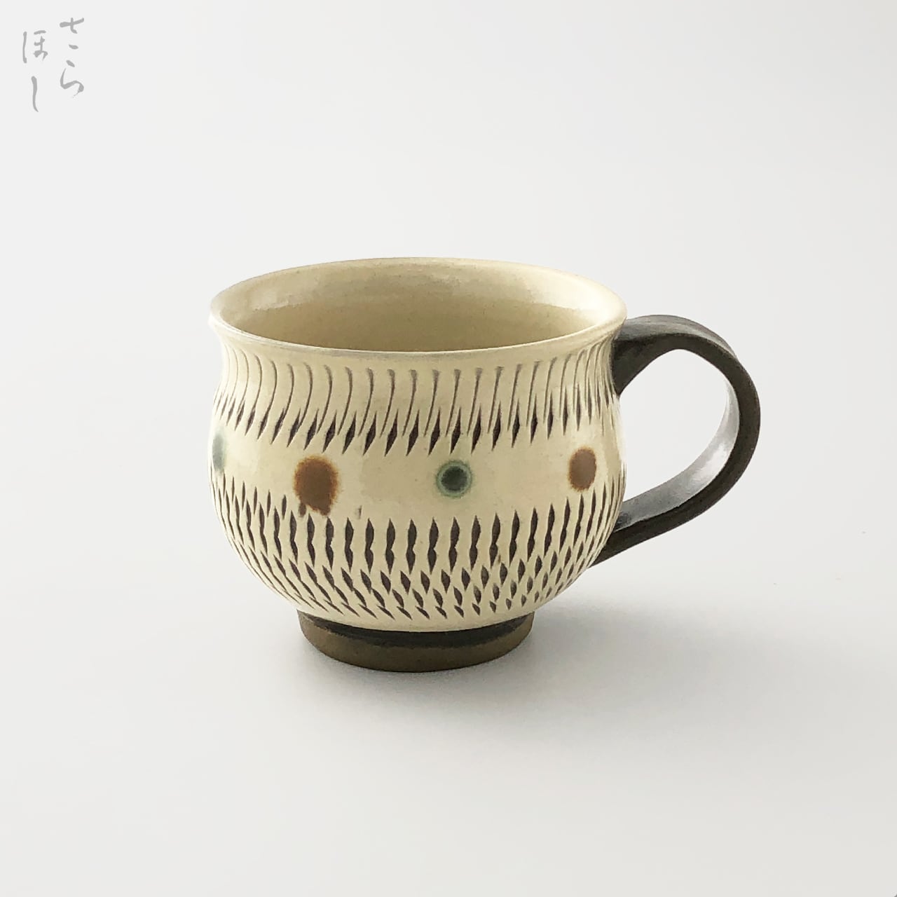 小鹿田焼 小袋窯 マグカップ (大）飛びかんな 赤青ドット 高さ約9.5cm