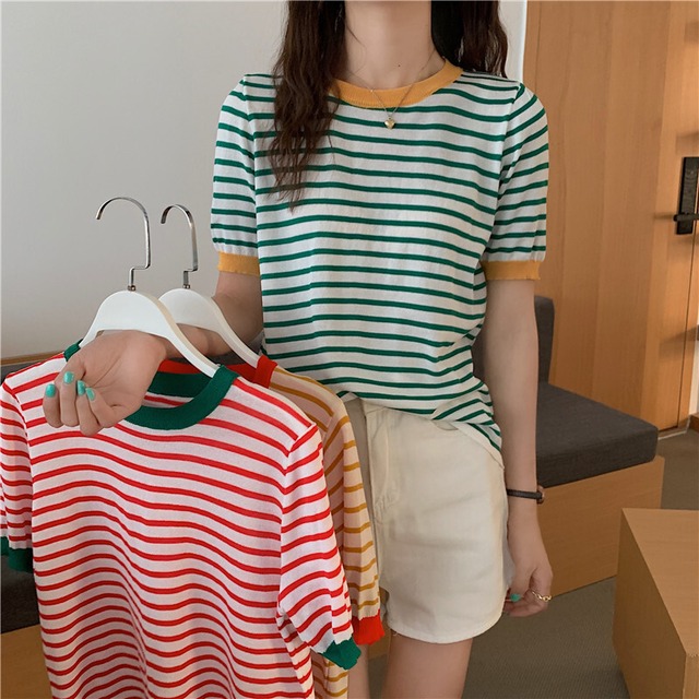 ストライプセーター サマースタイルスタンダードラウンドネックプルオーバー ジャケット レトロ 夏物 Oネック YY-ファッション30159567002