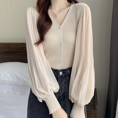 カーディガン レディース シフォン プリーツ ボリューム袖 パフスリーブ Vネック エレガント キレイめ 秋 冬 春 韓国 ファッション カーディガン レディース シフォン プリーツ ボリューム袖