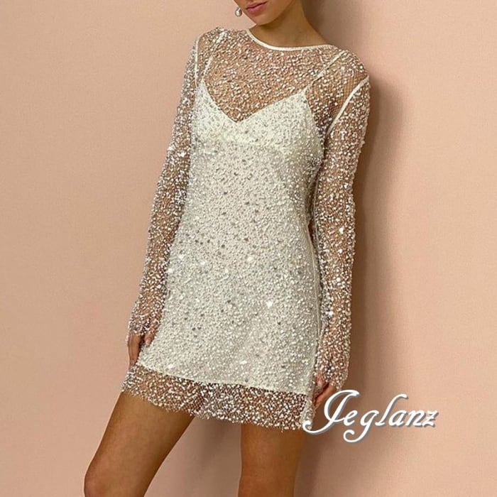 パーティドレス シアー ワンピース ビジューアンダードレス付き ミニスカ 2色(M7455)ζ