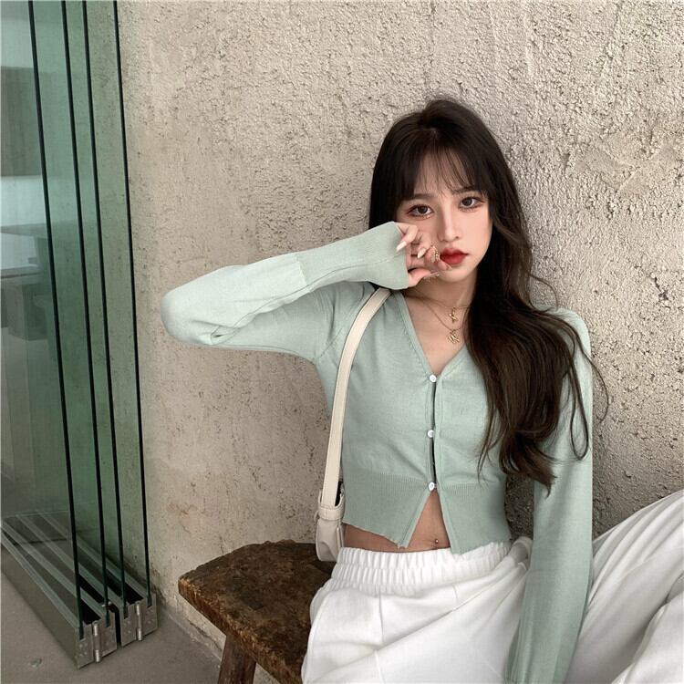 ショートVネックニットTシャツ サマースリム薄手ソリッド カラーカーディガントップス ロング 夏物 ソリッドカラー クレセントシティ63567340323