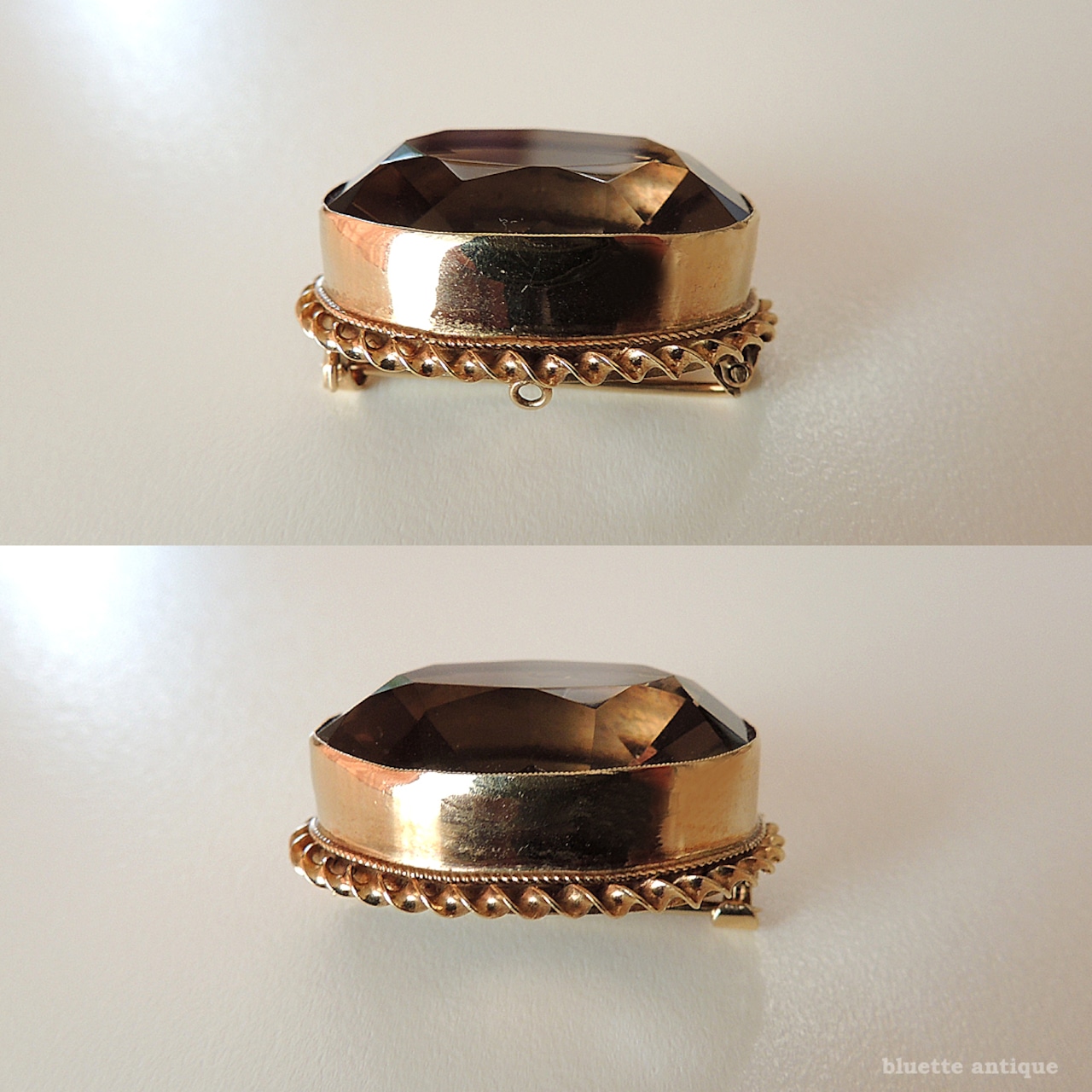 英国ヴィンテージジュエリー 9ctゴールド 天然スモーキークォーツ レースピン ブローチ (ソーティングメモ付)