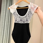 【即納】レースブラン ラグランレオタード グレーグリーンM　L1195