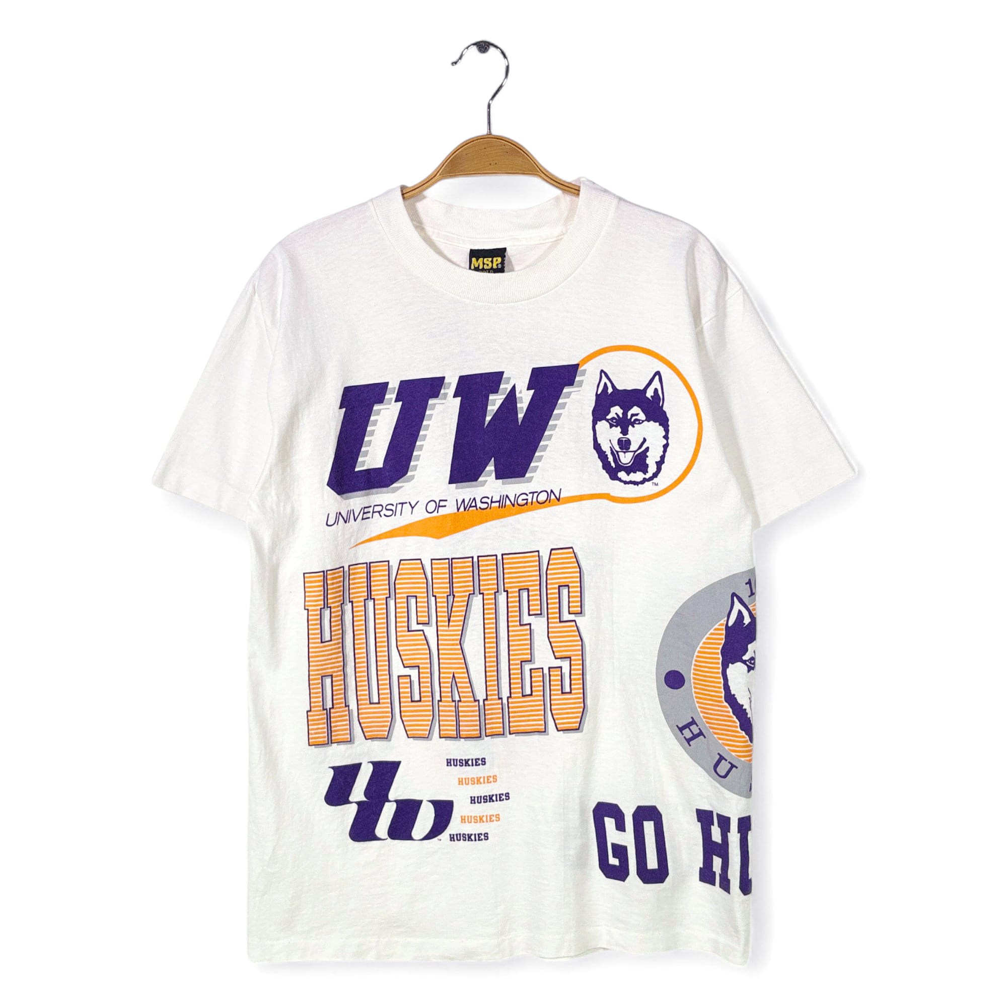 90s ワシントン大学 ハスキーズ USA製 ヴィンテージTシャツ 総柄 全面プリント ハスキー犬 カレッジ シングルステッチ ヘビーコットン メンズL 古着 @BZ0455