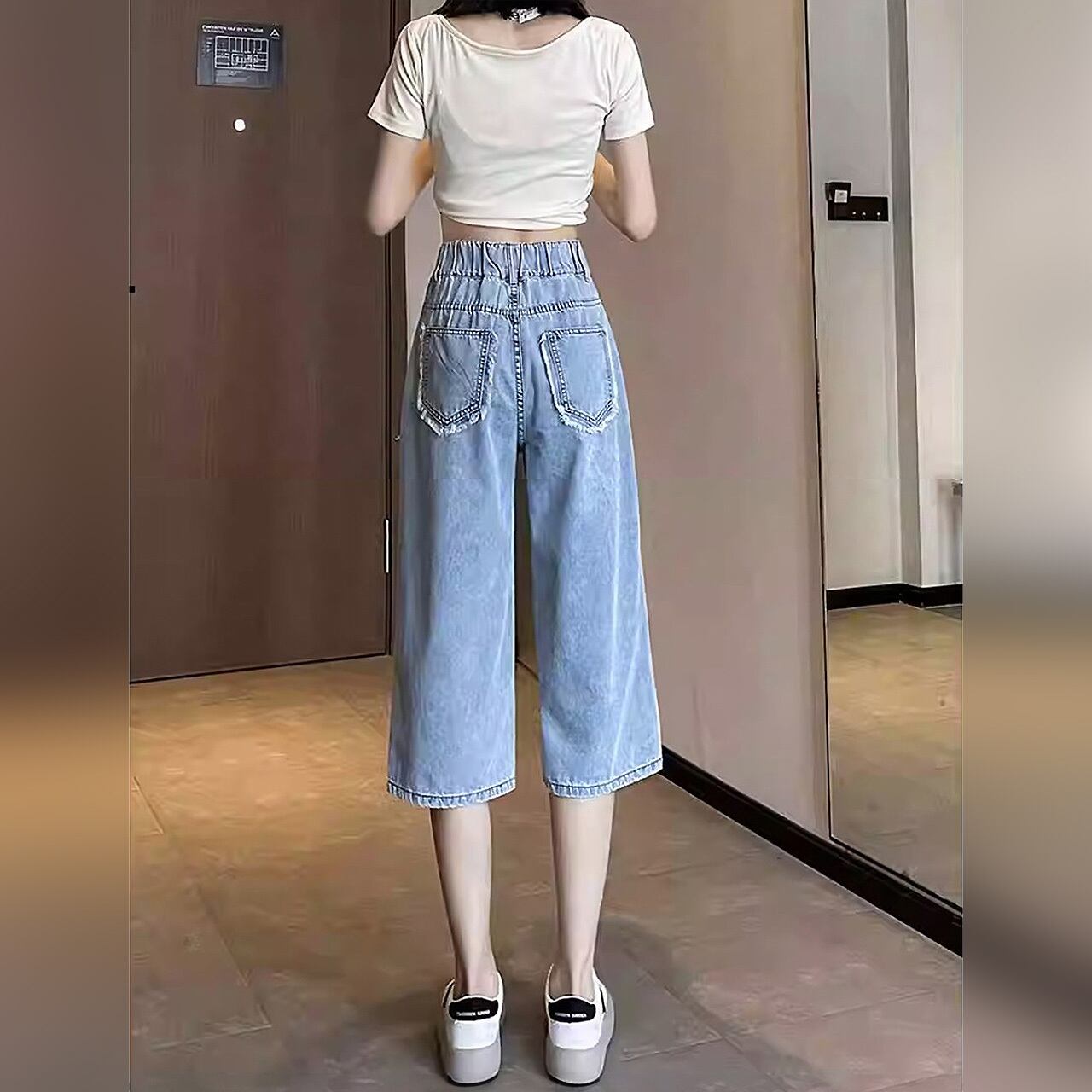 全2色 デニム6分丈ハーフパンツ 膝下 ハーフパンツ ショートパンツ 六