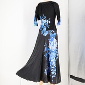 【美品 社交ダンス衣装】ブラック Chacott チャコット 上下セット ツーピース 青 花柄 黒 ブルー リボン 上品 高級感 光沢