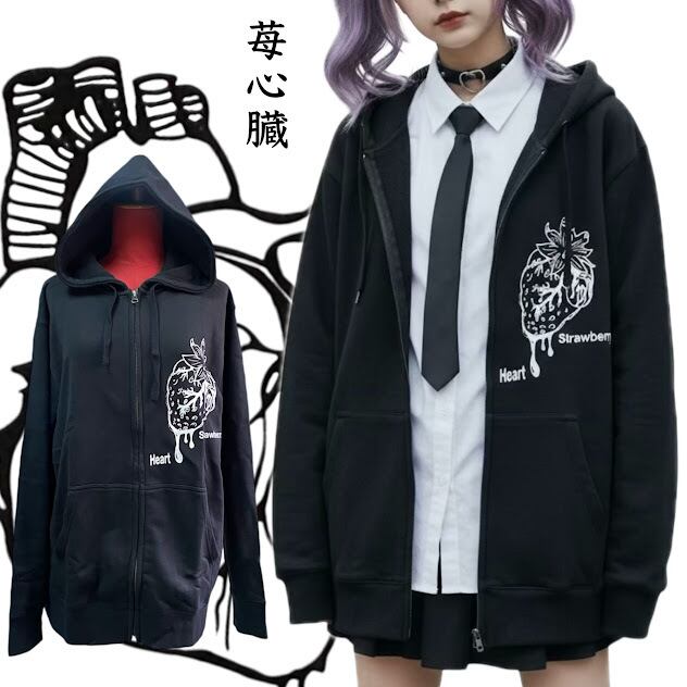 サブカル パーカー ブラック いちご 心臓 病みかわいい 黒 苺 イチゴ
