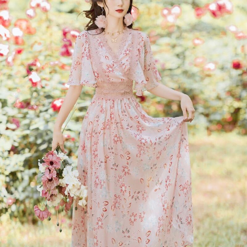ワンピース Vネック 花柄 レース ピンク 可愛い 透け感 レトロ デート ロング丈 半袖 Miyabigo