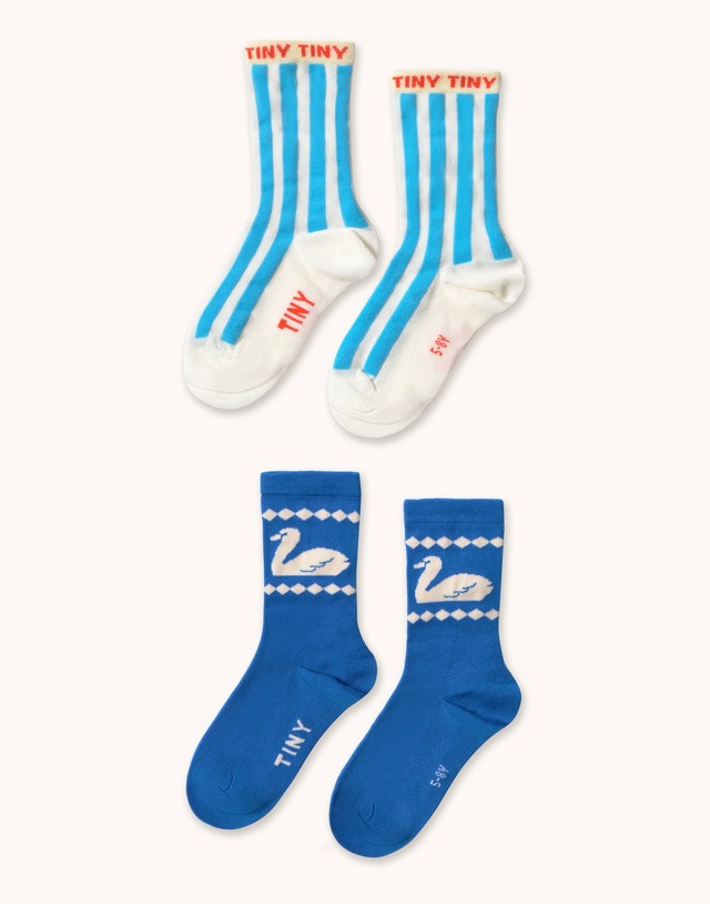 tinycottons(タイニーコットンズ) ／BLUE STRIPES & SWAN MEDIUM KIDS SOCKS  SS26-539