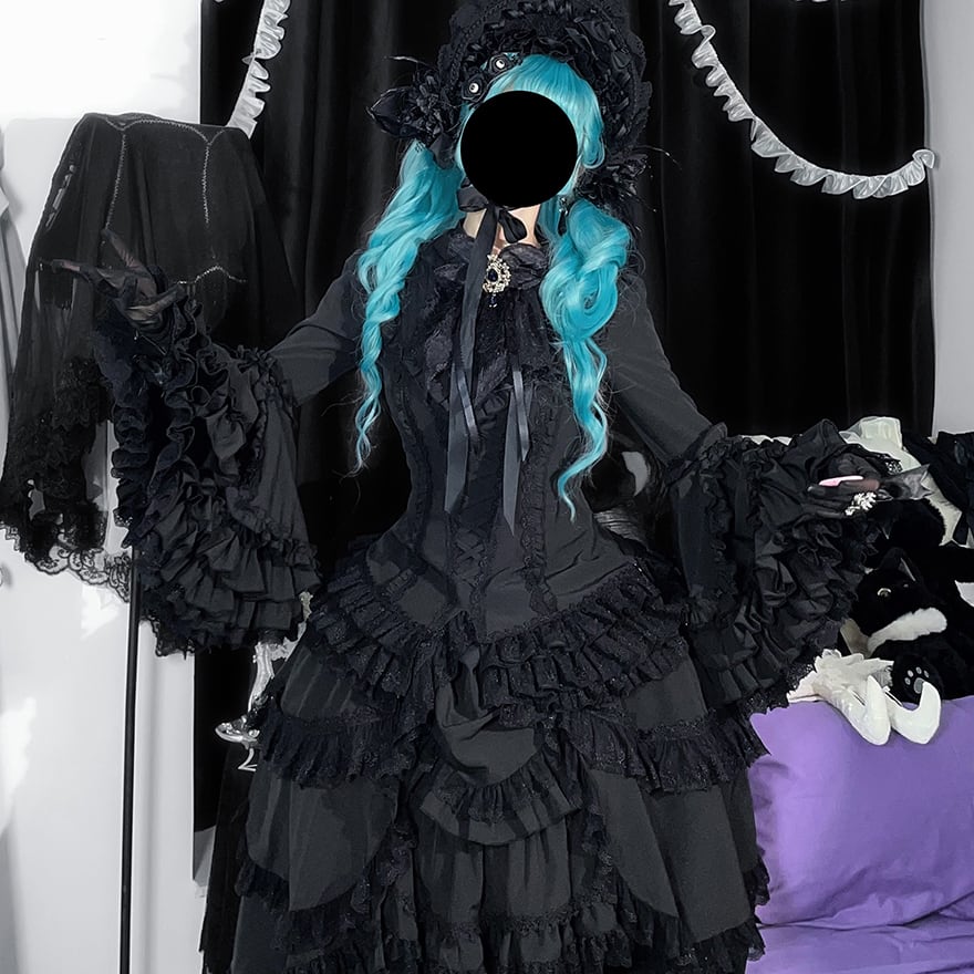 ゴスロリ 姫袖シャツ 黒シャツ ネックリボン付き レースアップ フリル