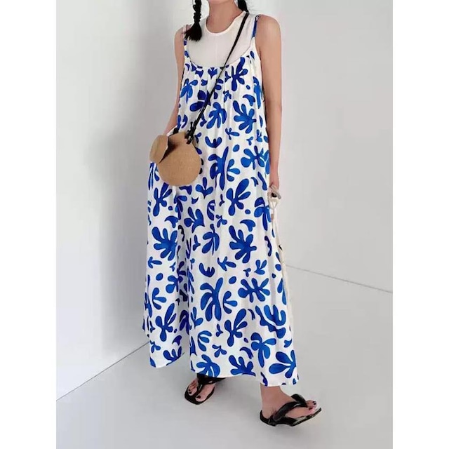 blue botanical relaxed camisole one-piece