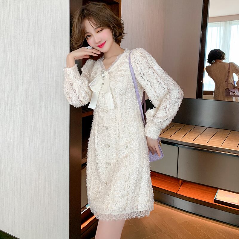 レースVネックリボンバックルウェストドレス オータム 秋物 MIUCO62574338768