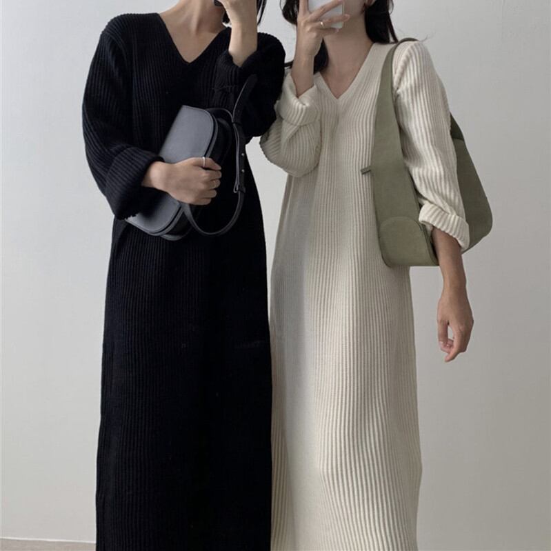 ワンピース ニットワンピ Vネック ロング丈ワンピース 韓国風 レディース服 秋冬新作 着回し