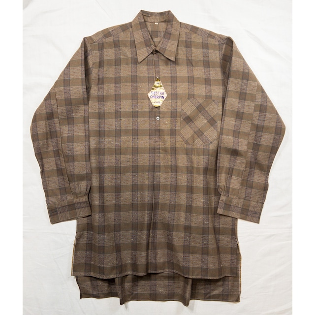 【1970s】"French Work" Brown Check Grandpa/Pullover Shirt, Deadstock!!