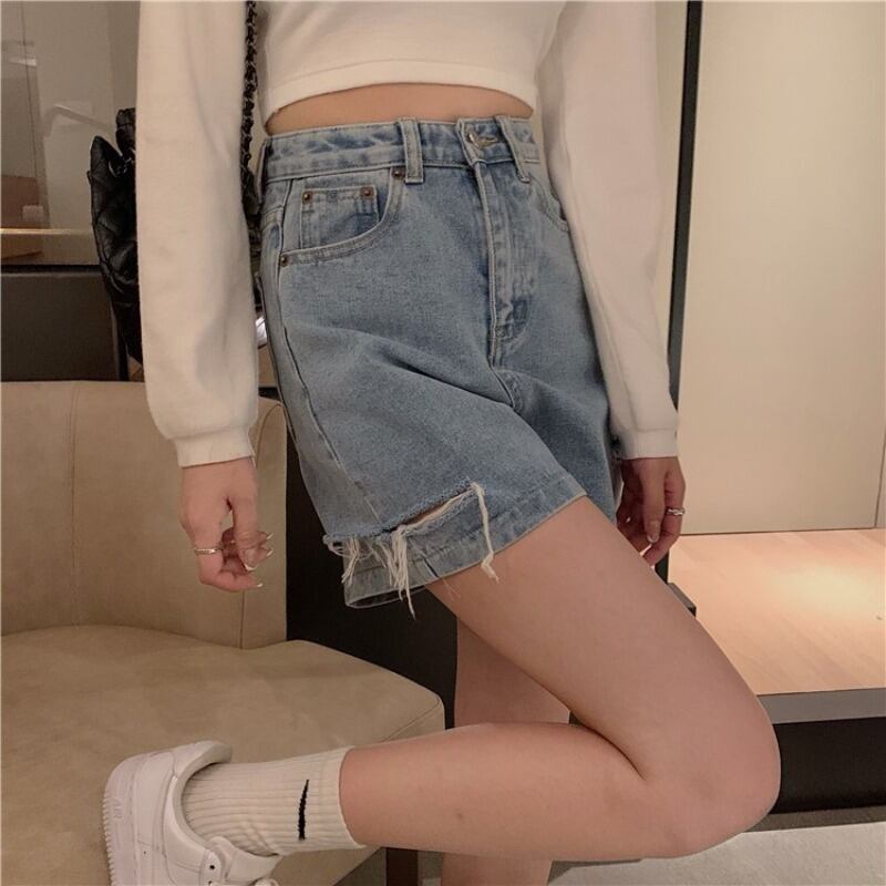 スタンダードハイウェストウェスト薄手Aラインショーツ サマージーンズ レトロ 夏物 ブルマー モンロー13439569501