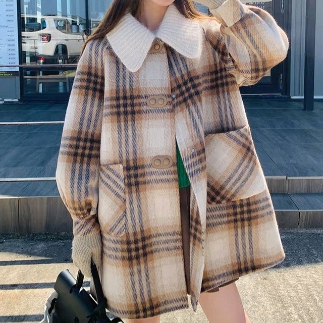 ステンカラーレトロガーリーチェック柄コート　L1080