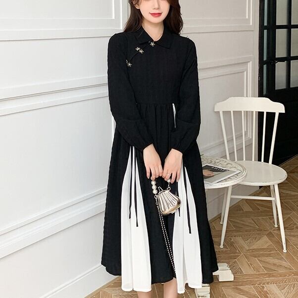 ワンピース レディース ロングスカート ワンピドレス チャイナ風 ロング丈 長袖 ポロカラー フレア Aライン レイヤード ハイウエスト ボタン かわいい 大人可愛い きれいめ シンプル カジュアル 大人 上品 おしゃれ レトロ アジアン 大人女子 キュート ガーリー エレガント 送料無料 存在感 S M L XL ブラック 無地 春 秋 謝恩会 10代 20代 30代 通勤 学生 通学 デート お出かけ 女子会 パーティー 着回し 普段使い お揃い 韓国系 ファッション スタイル モテ インスタ映え