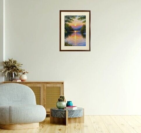 【額装アート】ナミアス「昼下がり」リトグラフ 絵画 インテリア テラス風景 風景 アート 湖 夕日 壁掛け 額入り 額装 壁掛け 自然 インテリア