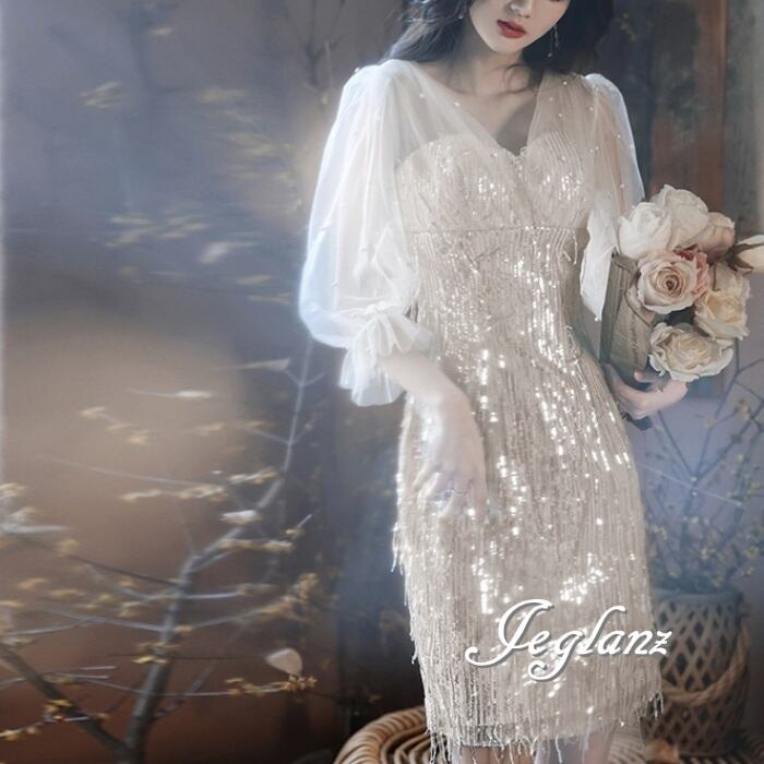 パーティ イブニングドレス 長袖 パール付き キラキラ 光沢感 ♪(Ⅿ7503)ζ