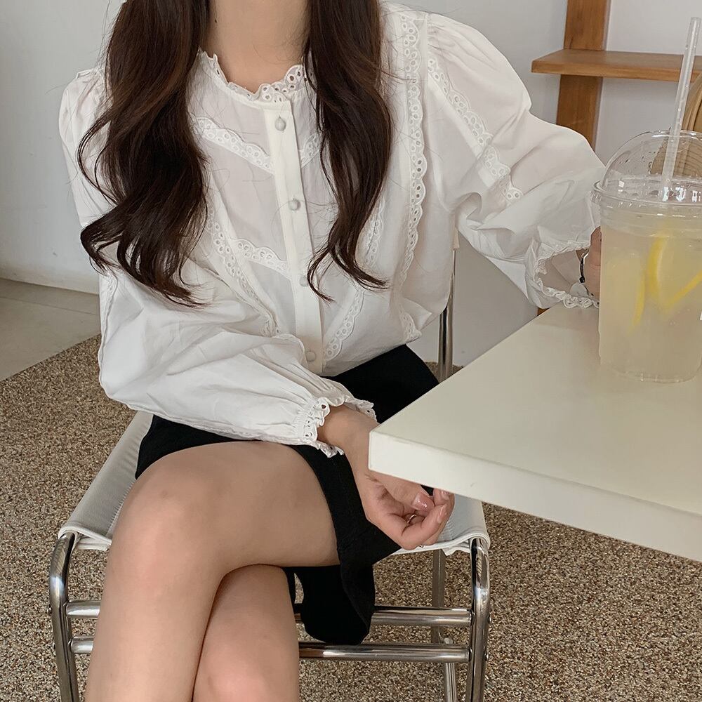 レースカラー長袖スリーブシャツ スプリングスタンダードトップス レディース ロング レトロ 春物 ビッグFスモールZ韓国25621071323