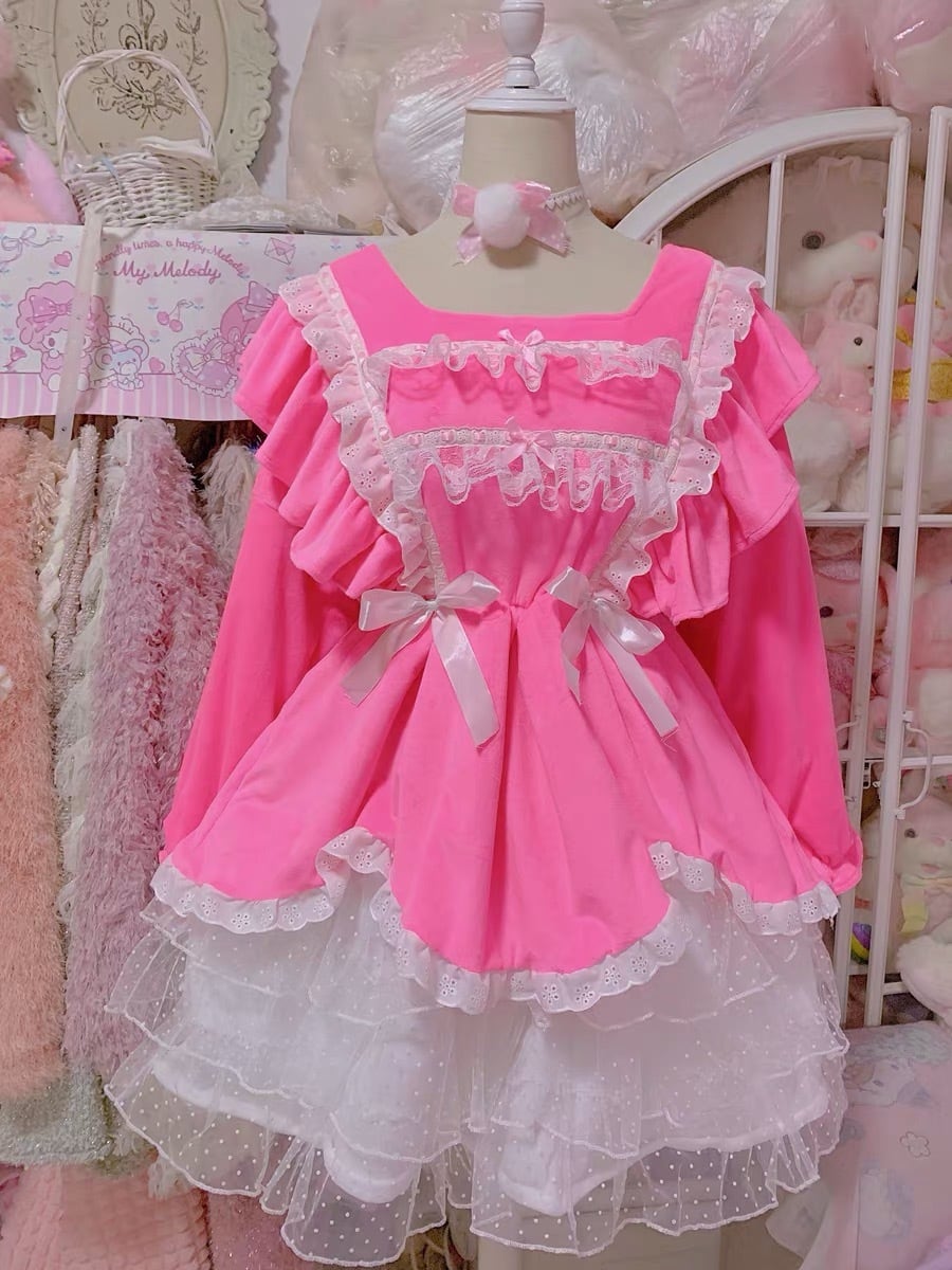 ネオンカラー コスプレ ピンク 蛍光 ワンピース 姫 原宿 ガーリー