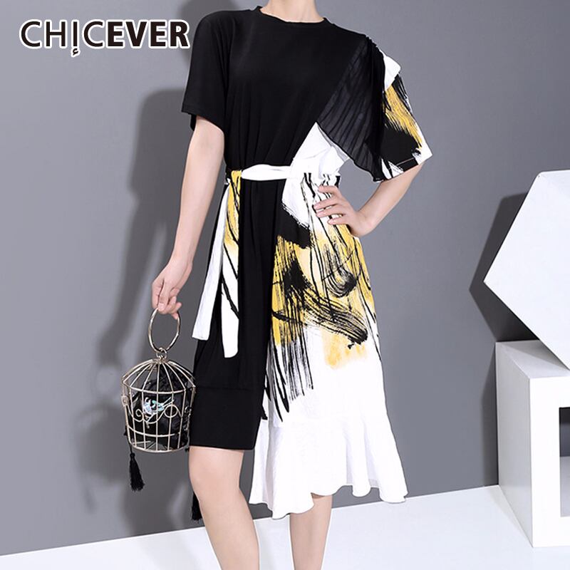 CHICEVER非対称フリルレディースドレスパッチワークプリントヒットカラーOネック半袖レースアップドレス2020夏 ショート ハーフスリーブ ラッフル サマー 夏物 6base518941135189