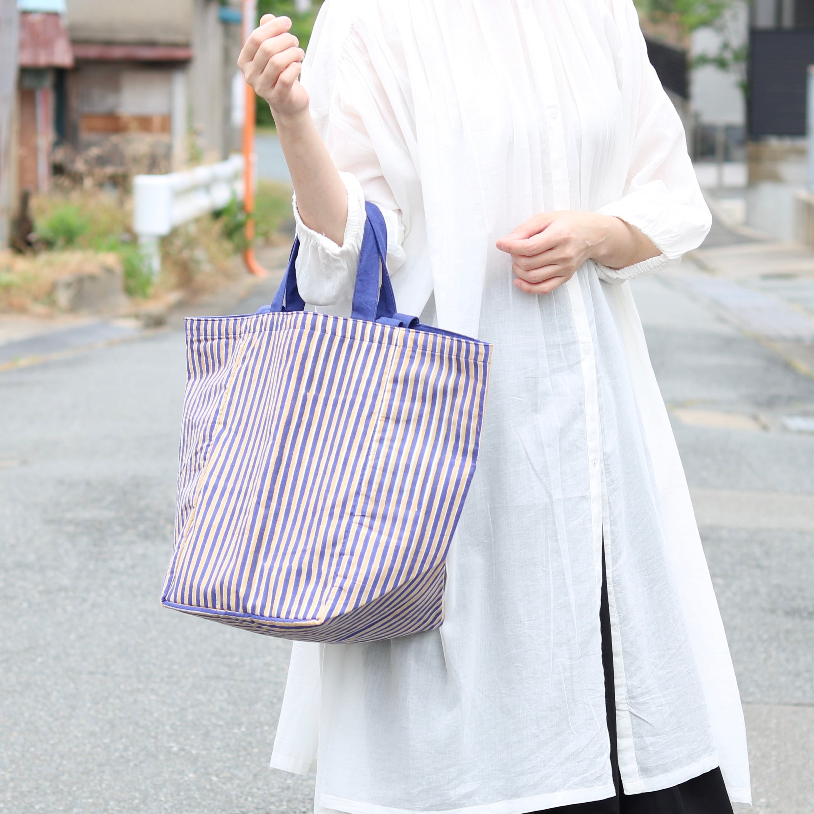 shesay ブロックプリント 2wayストライプ トートバッグ | Zakka so-la