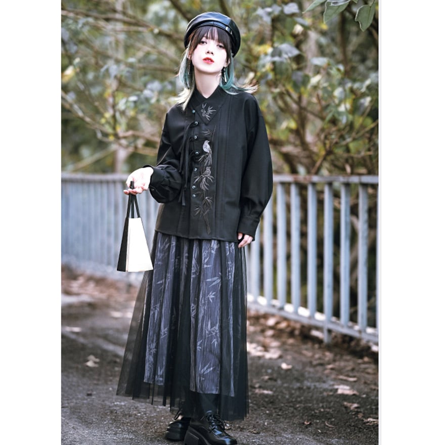 USED 古着 ニット カンフー チャイナ シャツ ブラウス チャイナシャツ(カンフーシャツ)+パンツ セットアップ /ブラック- 古着