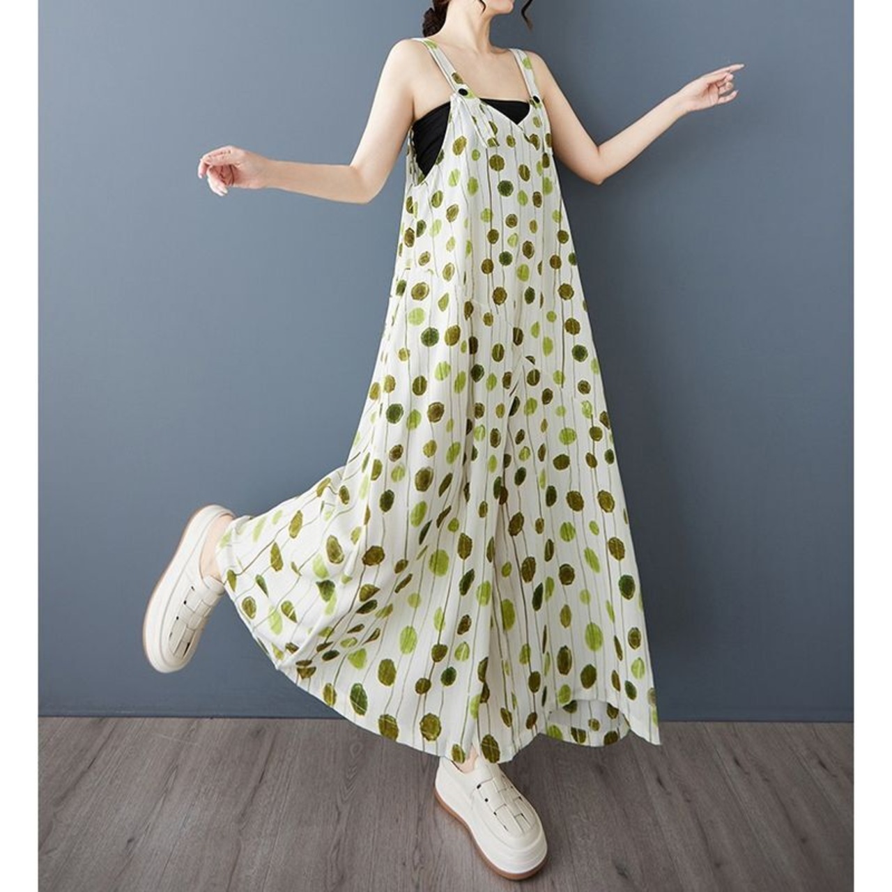 ドット柄 サロペット ワイドパンツ  30110